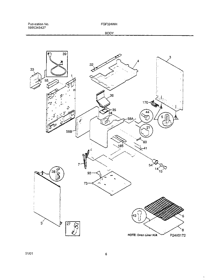 BODY Diagram and Parts List for FGF324WHSC  Frigidaire Range