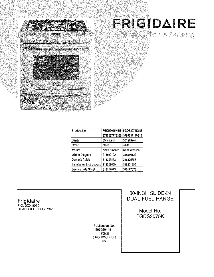 COVER Diagram and Parts List for FGDS3075KBE  Frigidaire Range