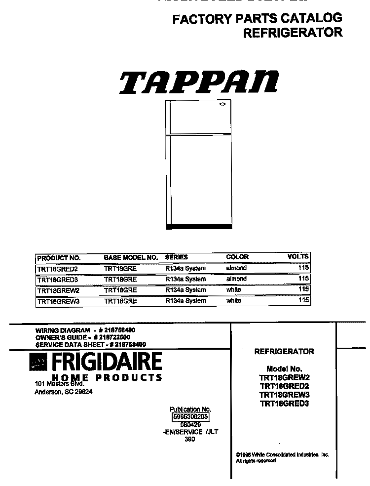 COVER Diagram and Parts List for TRT18GREW3  Tappan Refrigerator