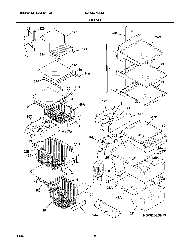 SHELVES Diagram and Parts List for E23CS75DSSF  Electrolux Refrigerator