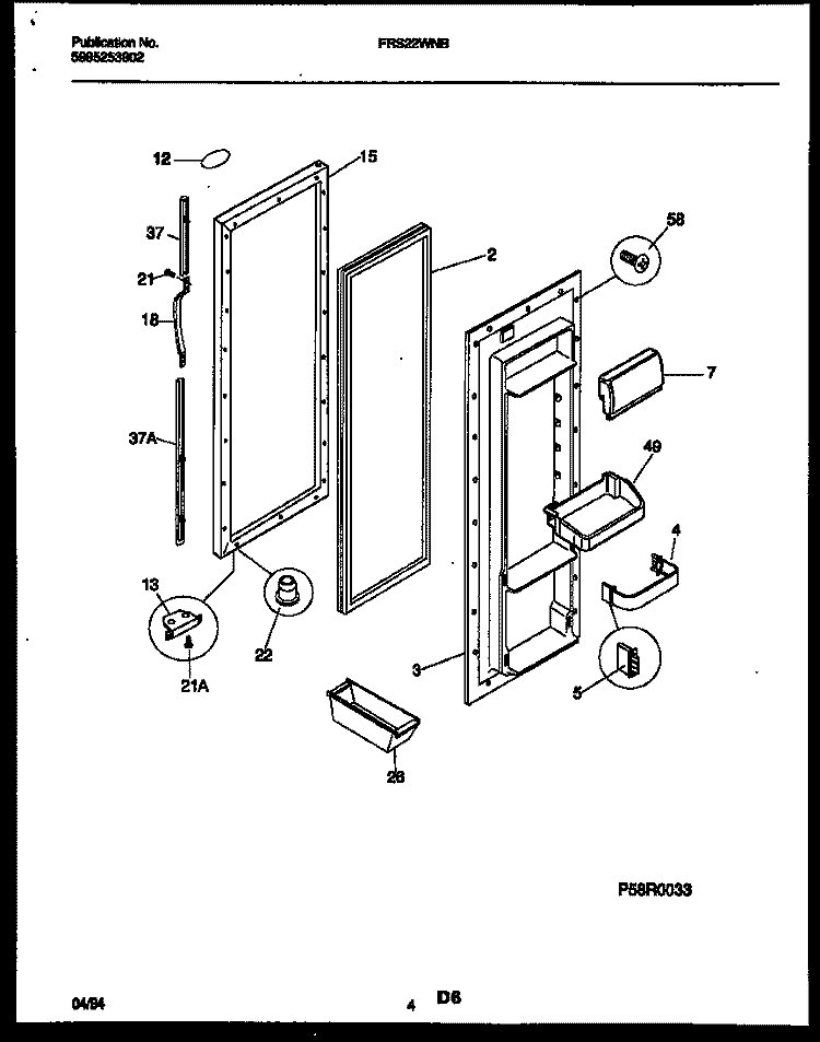 REFRIGERATOR DOOR PARTS Diagram and Parts List for FRS22WNBW0  Frigidaire Refrigerator