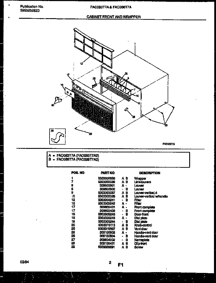 CABINET FRONT AND WRAPPER Diagram and Parts List for FAC086T7A2  Frigidaire Air Conditioner