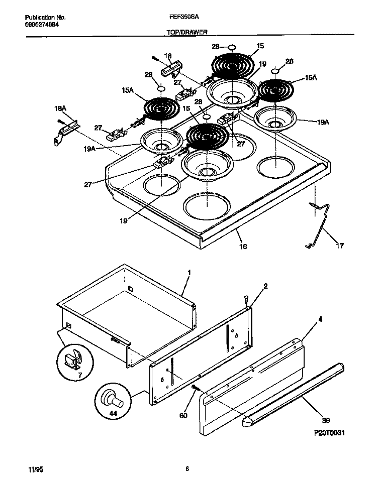 TOP / DRAWER Diagram and Parts List for FEF350SAWE  Frigidaire Range
