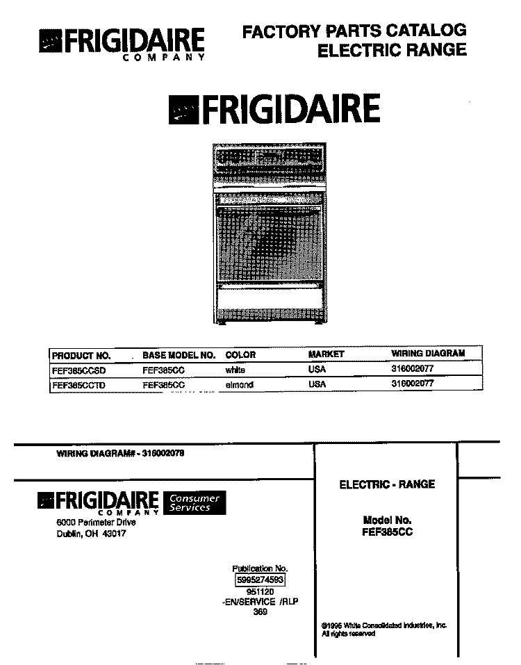 COVER Diagram and Parts List for FEF385CCSD  Frigidaire Range