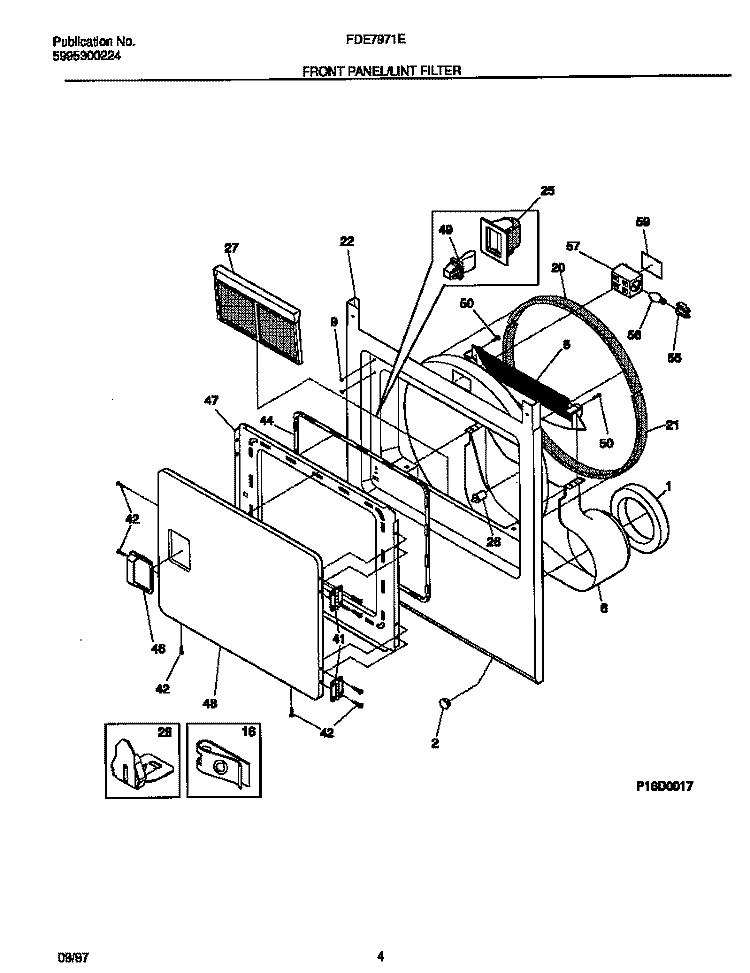 FRONT PANEL / LINT FILTER Diagram and Parts List for FDE7971EW1  Frigidaire Dryer