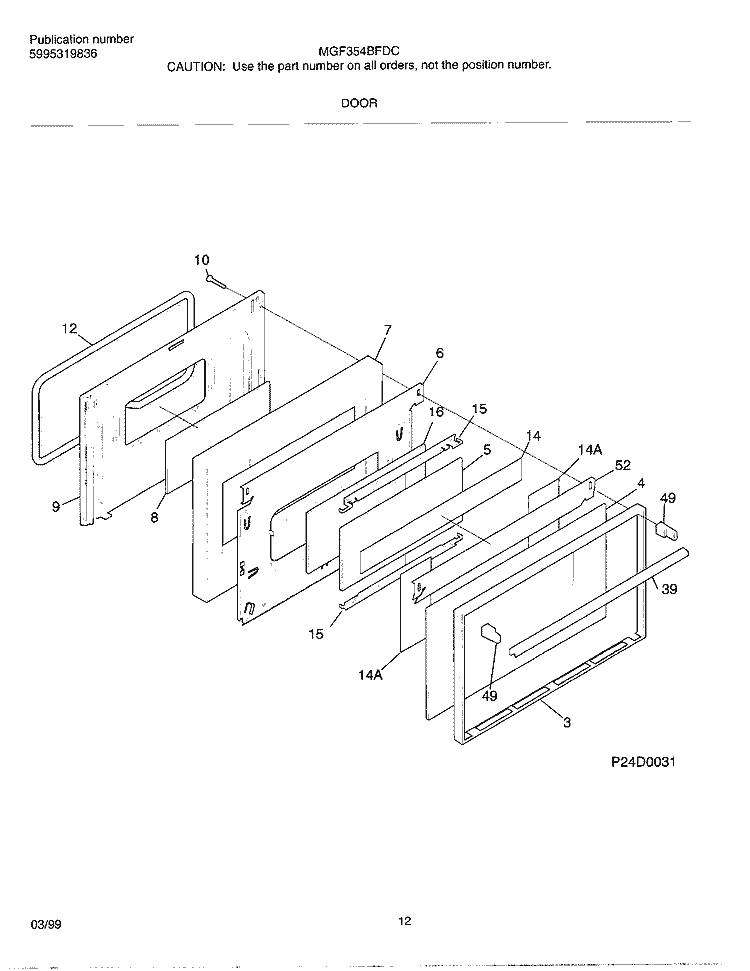 DOOR Diagram and Parts List for MGF354BFDC  Frigidaire Range