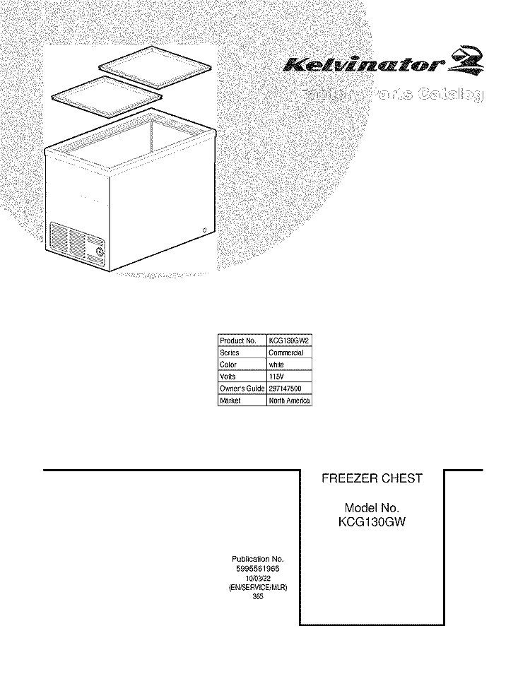 COVER Diagram and Parts List for KCG130GW2  Kelvinator Freezer