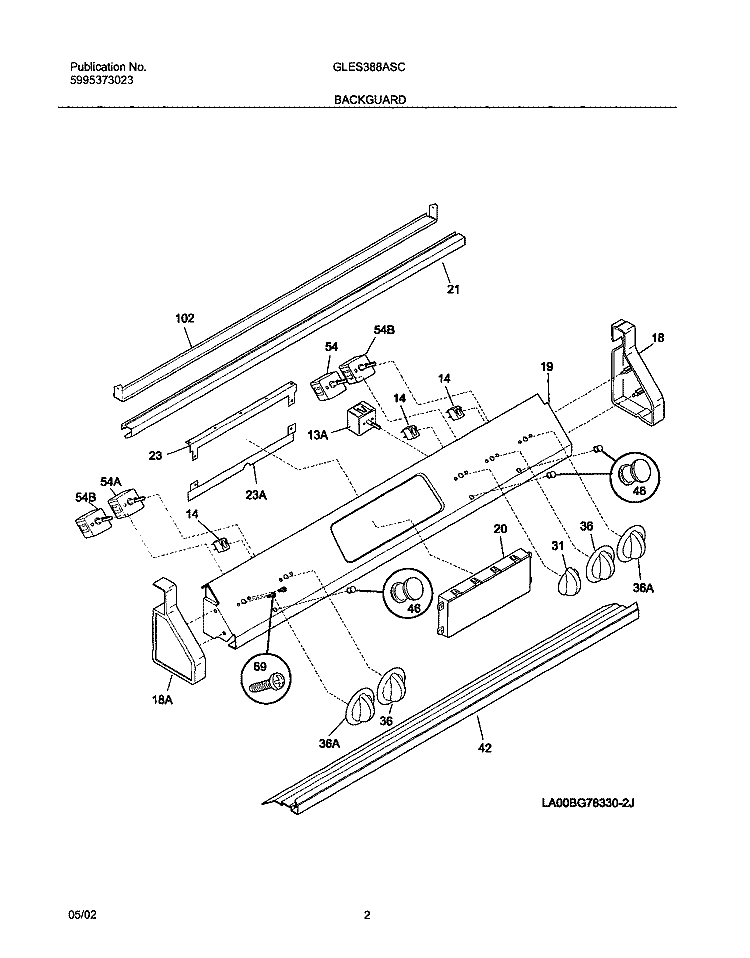 BACKGUARD Diagram and Parts List for GLES388ASC  Frigidaire Range