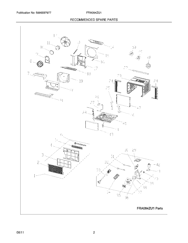 RECOMMENDED SPARE PARTS Diagram and Parts List for FRA084ZU112  Frigidaire Air Conditioner