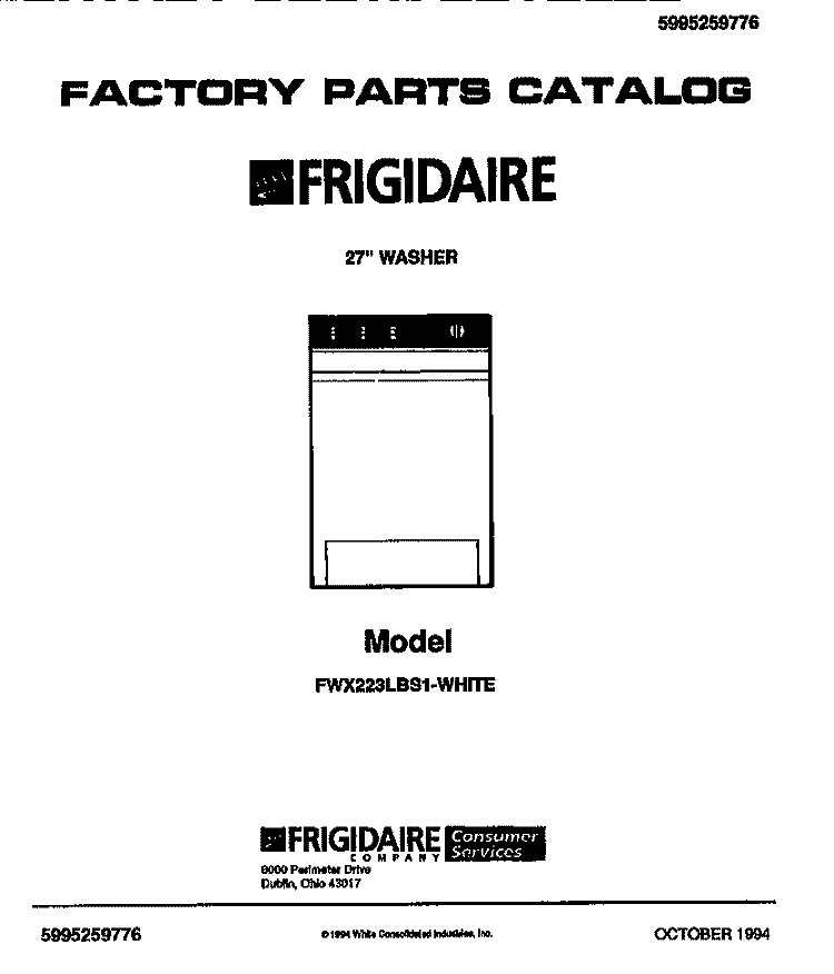 WASHER, 27`` Diagram and Parts List for FWX223LBS1  Frigidaire Washer