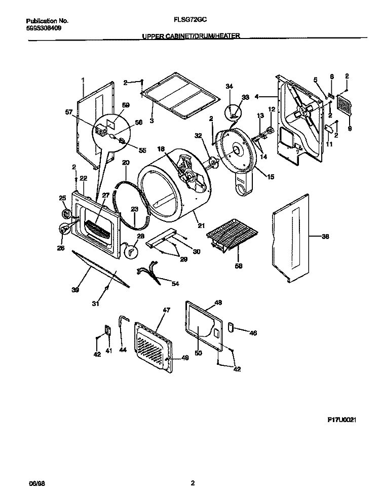 UPPER CABINET / DRUM / HEATER Diagram and Parts List for FLSG72GCS7  Frigidaire Washer Dryer Combo