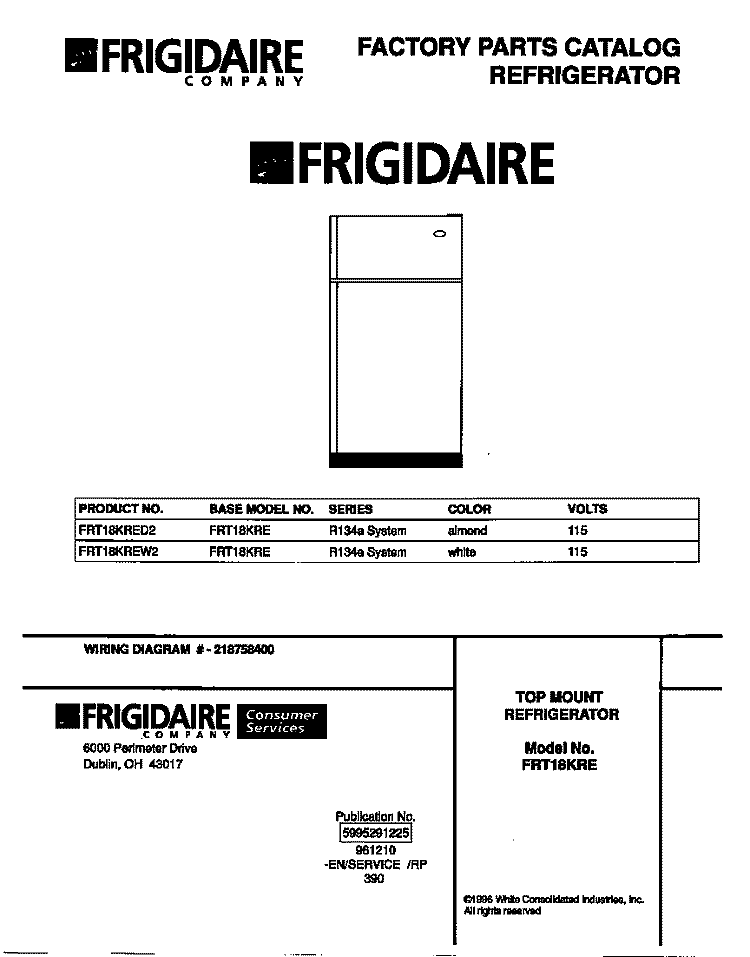 COVER Diagram and Parts List for FRT18KRED2  Frigidaire Refrigerator
