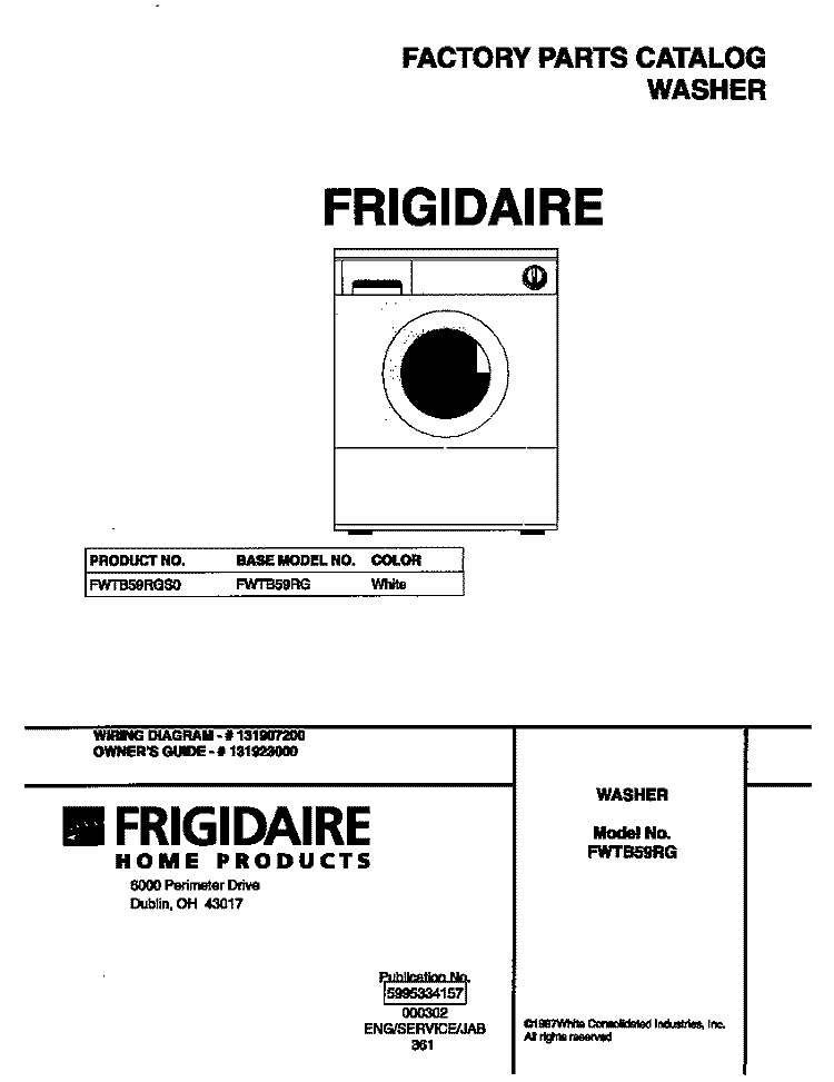 COVER Diagram and Parts List for FWTB59RGS0  Frigidaire Washer