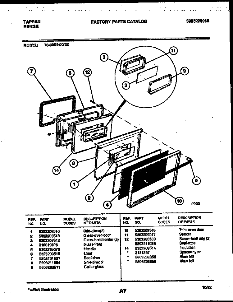 LOWER OVEN DOOR PARTS Diagram and Parts List for 73-3951-23-02  Tappan Range