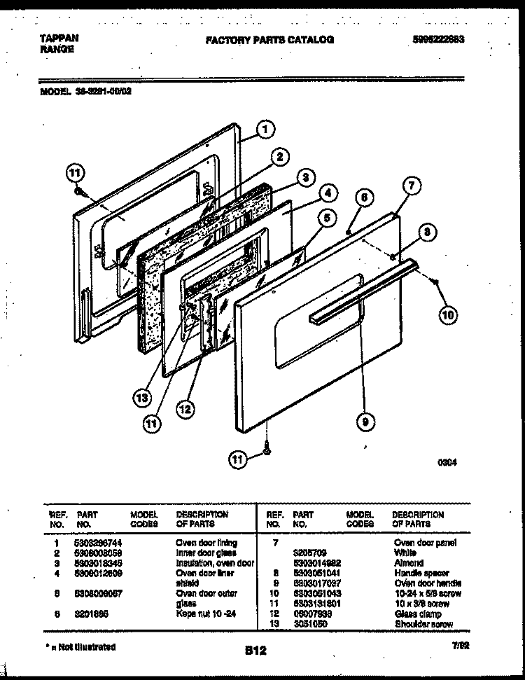 DOOR PARTS Diagram and Parts List for 36-3281-00-02  Tappan Range