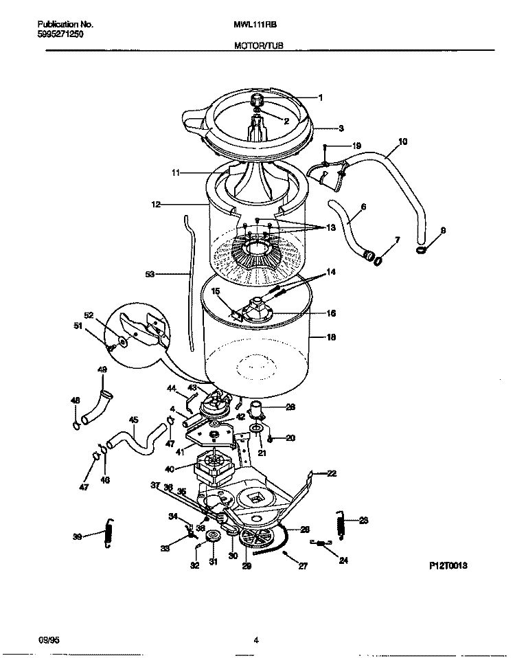 MOTOR / TUB Diagram and Parts List for MWL111RBW2  Frigidaire Washer