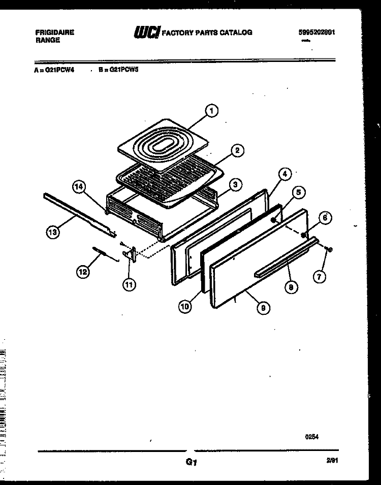 BROILER DRAWER PARTS Diagram and Parts List for G21PCW5  Frigidaire Range
