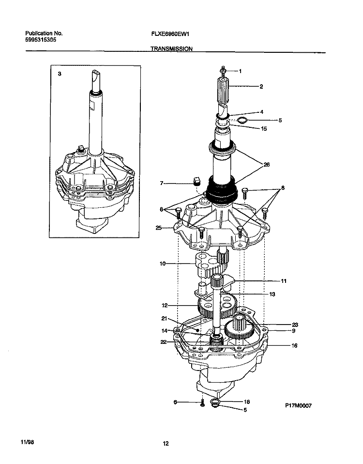 TRANSMISSION Diagram and Parts List for FLXE6960EW1  Frigidaire Washer Dryer Combo