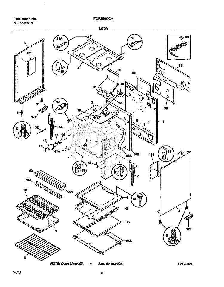 BODY Diagram and Parts List for FGF366CCA  Frigidaire Range