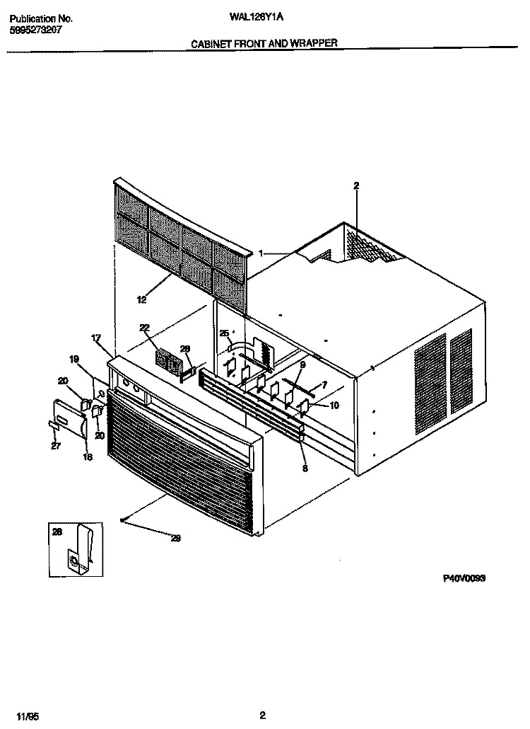 CABINET FRONT AND WRAPPER Diagram and Parts List for WAL126Y1A1  Frigidaire Air Conditioner