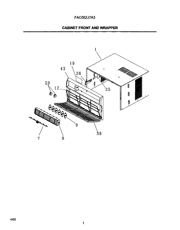 CABINET FRONT AND WRAPPER Diagram and Parts List for FAC052J7A3  Frigidaire Air Conditioner