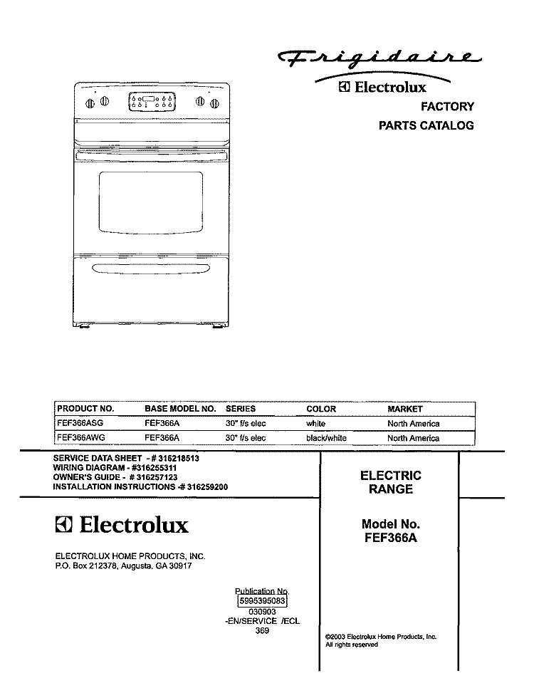 COVER Diagram and Parts List for FEF366ASG  Frigidaire Range