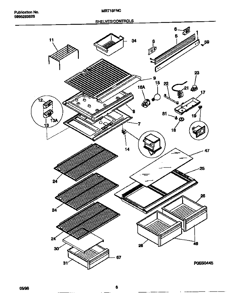 SHELVES / CONTROLS Diagram and Parts List for MRT18FNCW2  Frigidaire Refrigerator