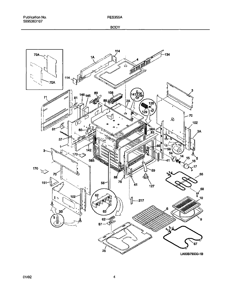 BODY Diagram and Parts List for FES355ASB  Frigidaire Range
