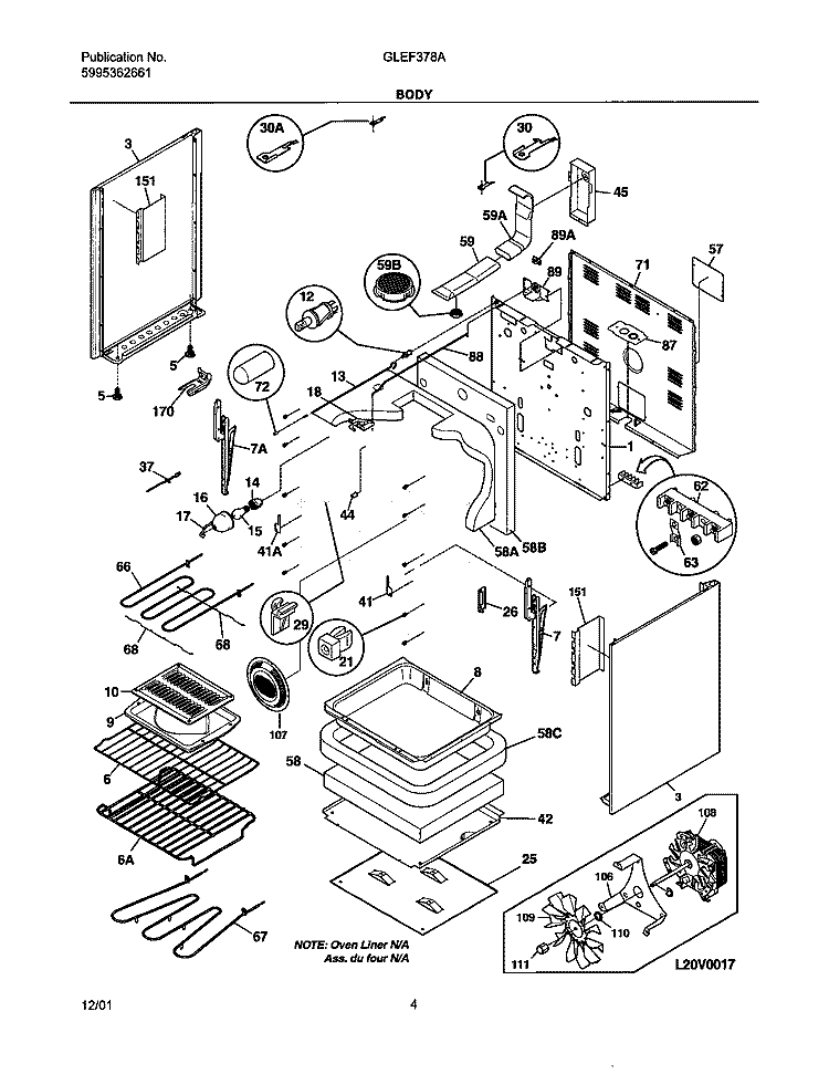 BODY Diagram and Parts List for GLEF378AQC  Frigidaire Range