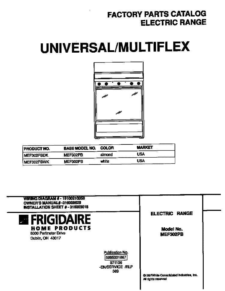 COVER Diagram and Parts List for MEF302PBWK  Frigidaire Range