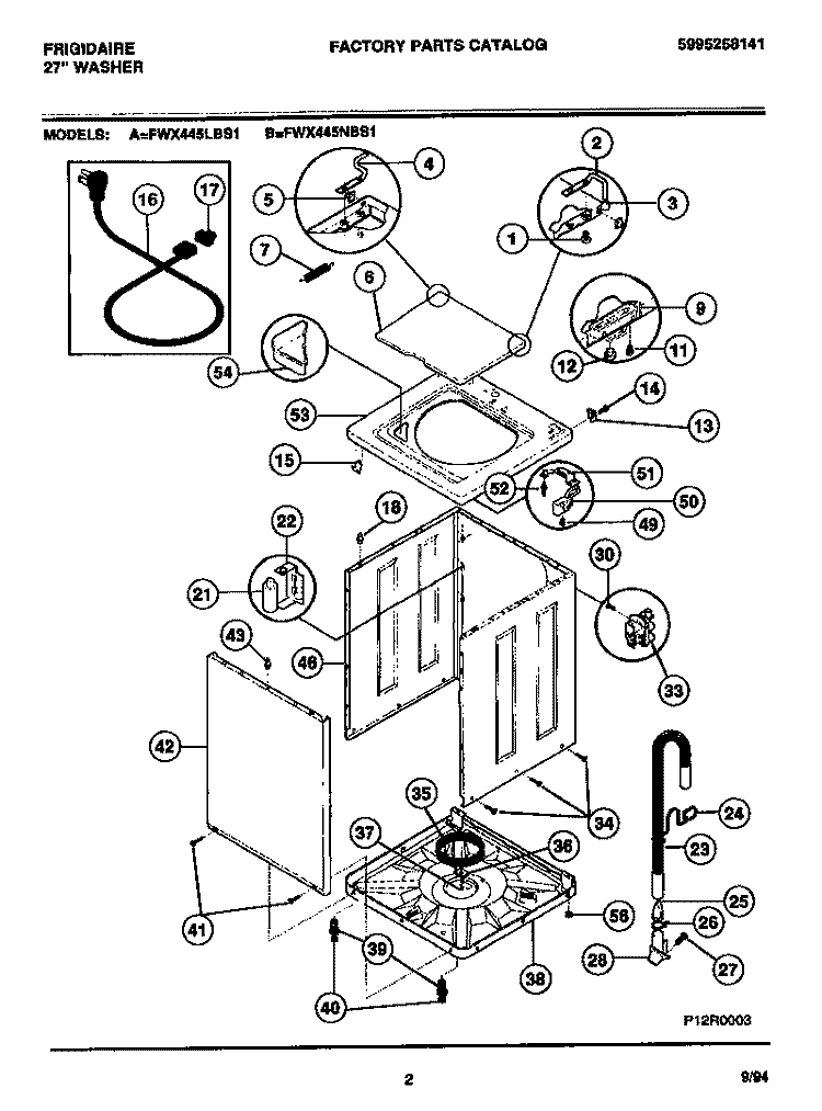 CABINET, TOP PANEL, BASE Diagram and Parts List for FWX445NBS1  Frigidaire Washer