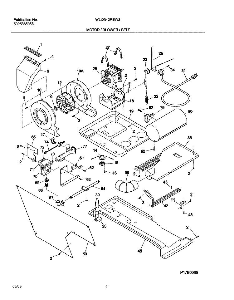 MOTOR / BLOWER / BELT Diagram and Parts List for WLXG42REW3  Westinghouse Washer Dryer Combo