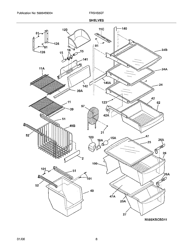 SHELVES Diagram and Parts List for FRSHS5EFW0  Frigidaire Refrigerator