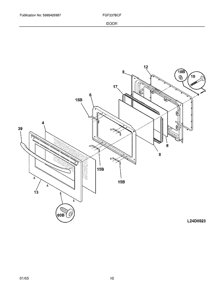 DOOR Diagram and Parts List for FGF337BCF  Frigidaire Range