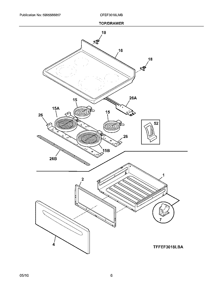 TOP/DRAWER Diagram and Parts List for CFEF3018LMB  Frigidaire Range
