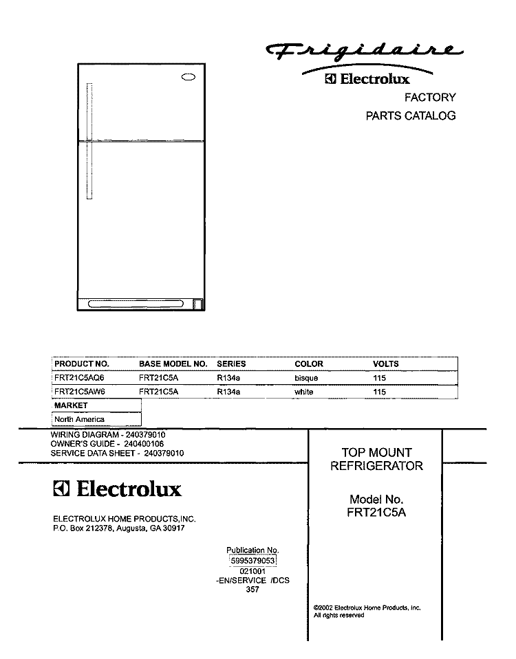 COVER Diagram and Parts List for FRT21C5AW6  Frigidaire Refrigerator