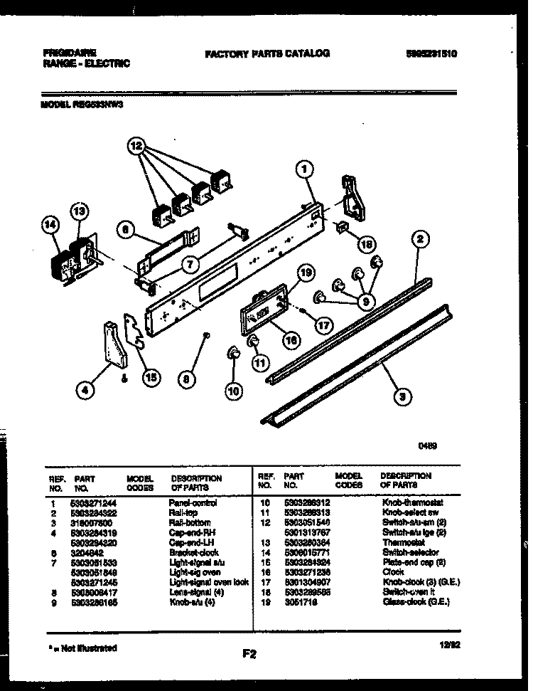 CONTROL PANEL Diagram and Parts List for REG533NW3  Frigidaire Range