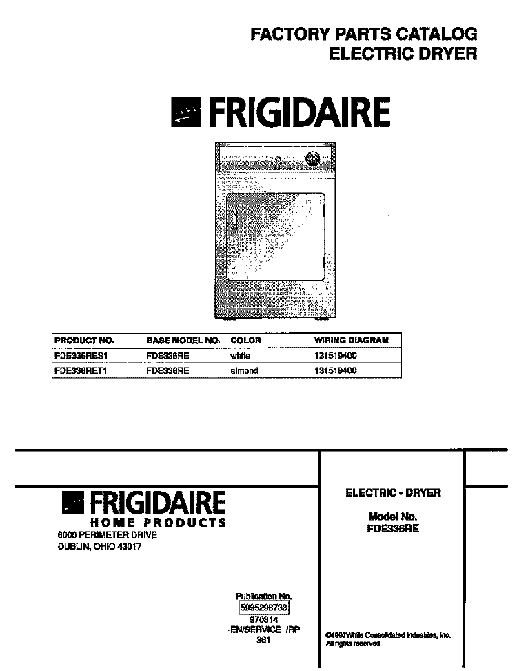 COVER Diagram and Parts List for FDE336RET1  Frigidaire Dryer