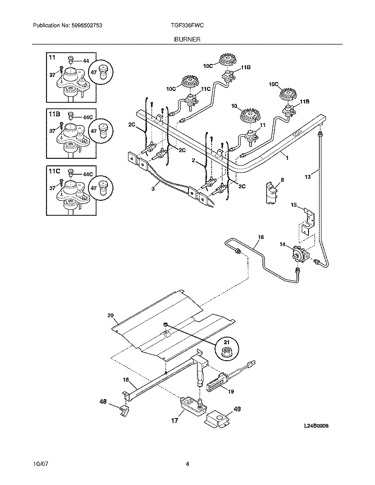 BURNER Diagram and Parts List for TGF336FWC  Tappan Range