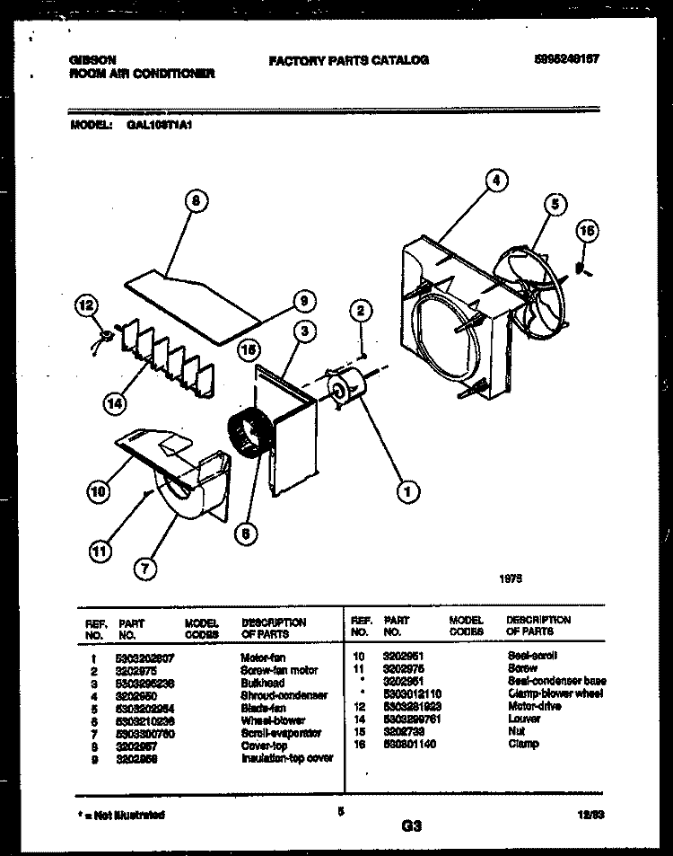 AIR HANDLING PARTS Diagram and Parts List for GAL108T1A1  Gibson Air Conditioner