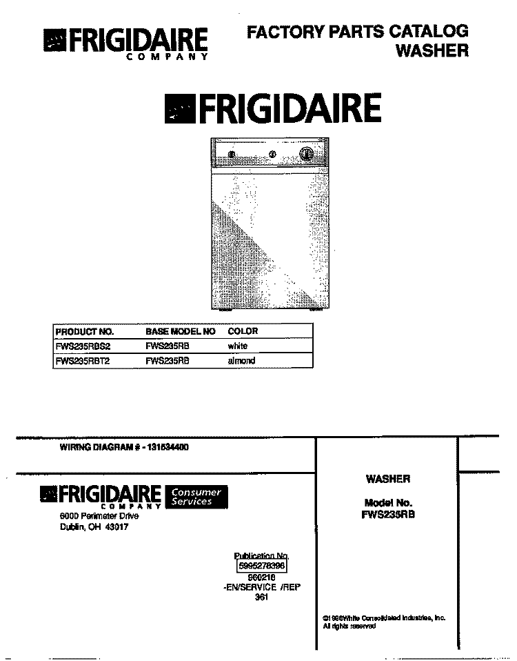 COVER Diagram and Parts List for FWS235RBS2  Frigidaire Washer