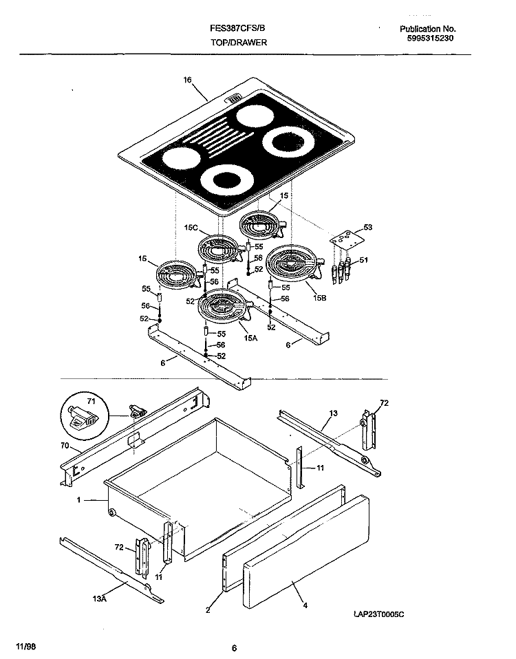 TOP / DRAWER Diagram and Parts List for FES387CFBC  Frigidaire Wall Oven