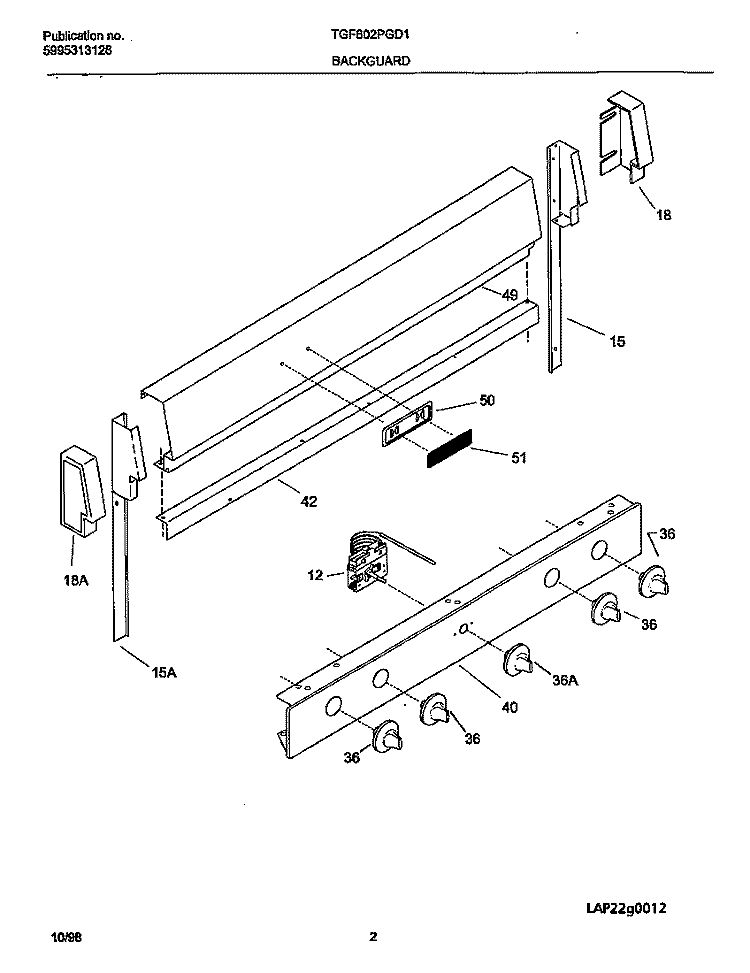 BACKGUARD Diagram and Parts List for TGF602PGD1  Tappan Range