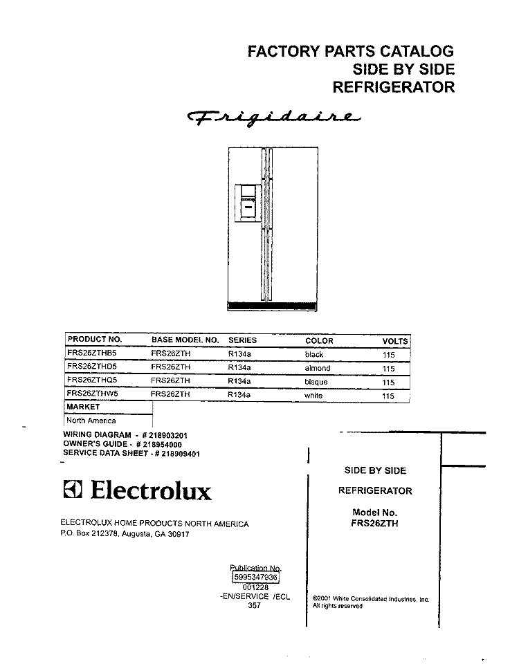 COVER Diagram and Parts List for FRS26ZTHD5  Frigidaire Refrigerator