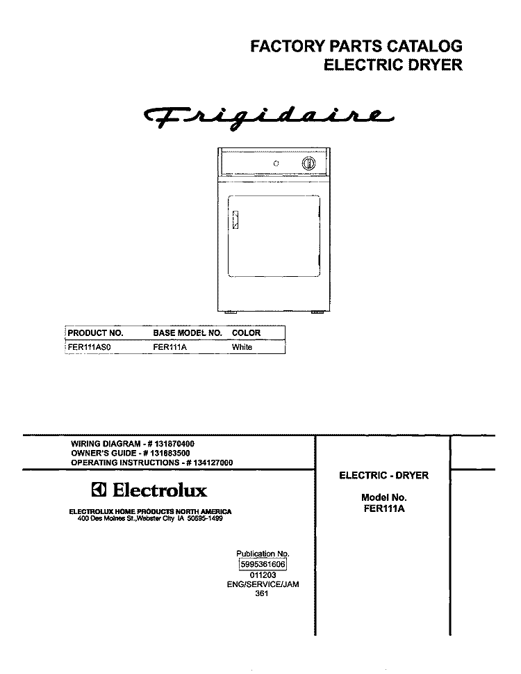 COVER Diagram and Parts List for FER111AS0  Frigidaire Dryer