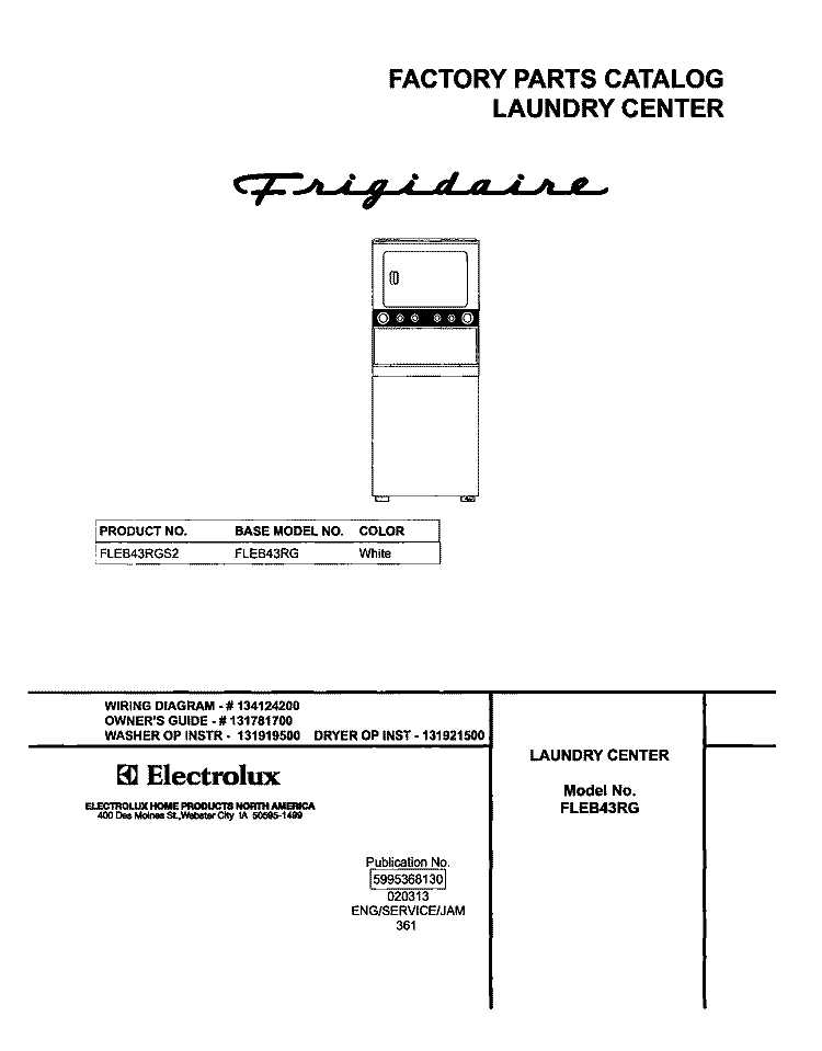 COVER Diagram and Parts List for FLEB43RGS2  Frigidaire Washer Dryer Combo