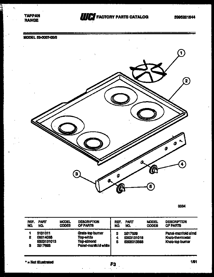 COOKTOP PARTS Diagram and Parts List for 32-0007-23-05  Tappan Range