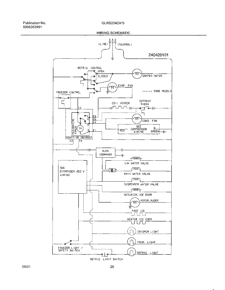 WIRING SCHEMATIC Diagram and Parts List for GLRS234ZAW1  Frigidaire Refrigerator