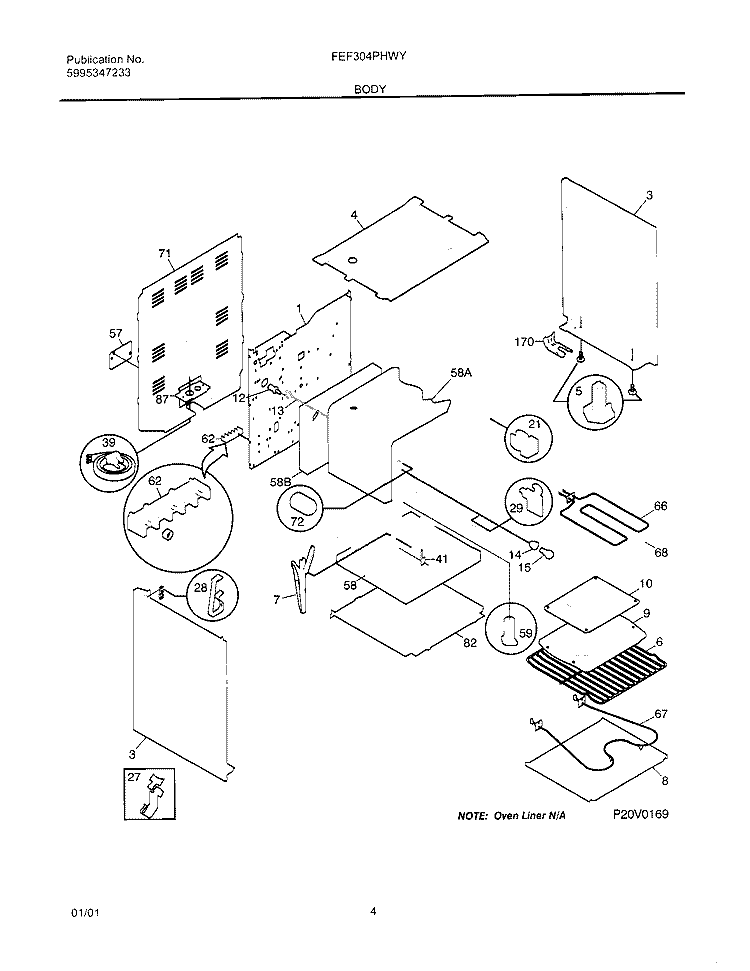 BODY Diagram and Parts List for FEF304PHWY  Frigidaire Range
