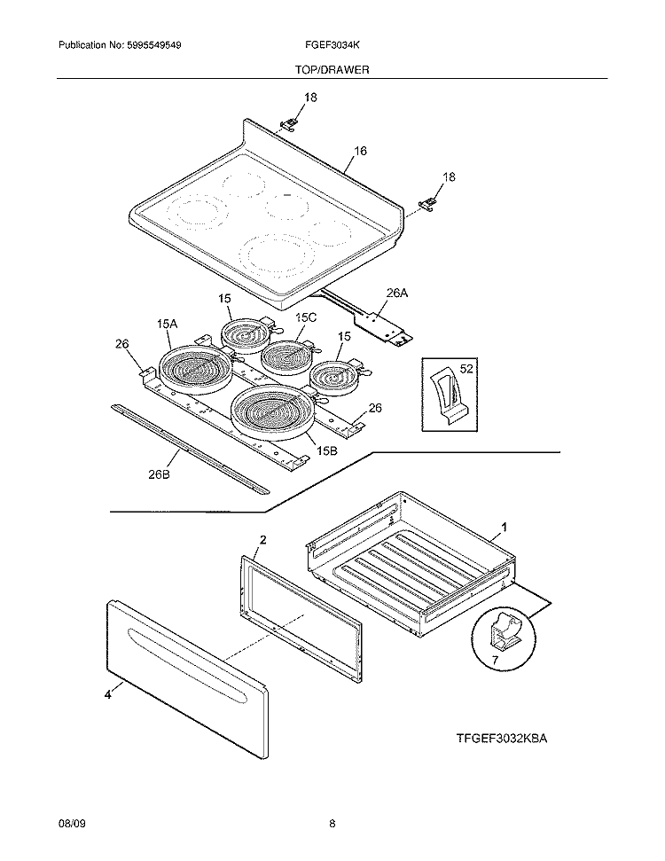 TOP/DRAWER Diagram and Parts List for FGEF3034KBB  Frigidaire Range